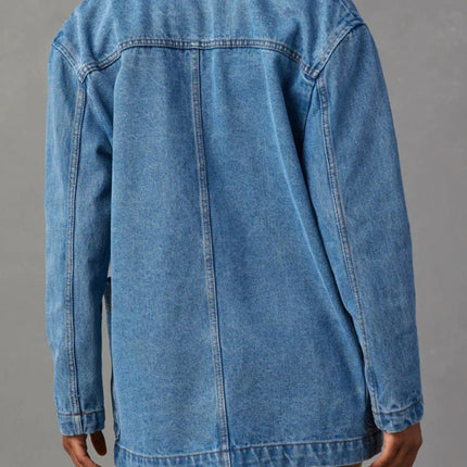 Pocketed Lapel Collar Long Sleeve Denim Jacket