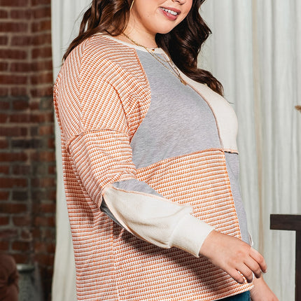 Plus Size Exposed Seam Color Block Round Neck Sweatshirt