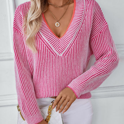 Striped V-Neck Long Sleeve Sweater