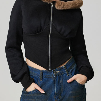 Zip Up Long Sleeve Fuzzy Hem Hooded Jacket