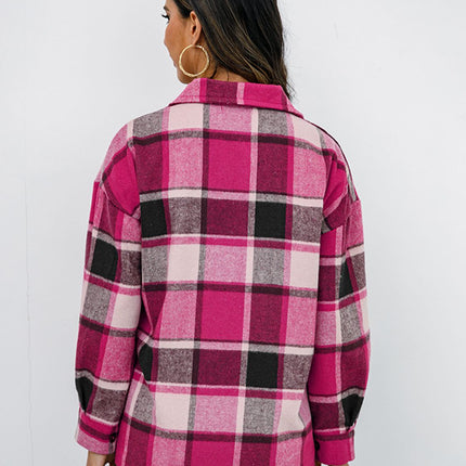 Shiny Plaid Button Up Collared Neck Jacket