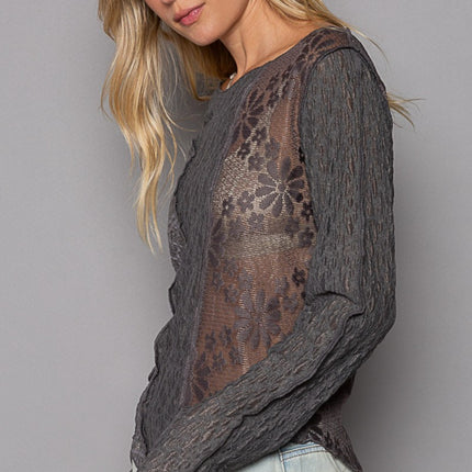 POL Exposed Seam Long Sleeve Lace Knit Top