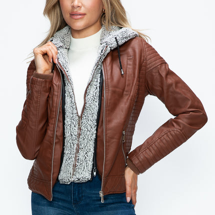 YMI Faux Layered Double-Zipper Jacket with Fuzzy Hood