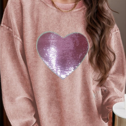 Valentine’s Day Sequin Heart Round Neck Long Sleeve Sweatshirt