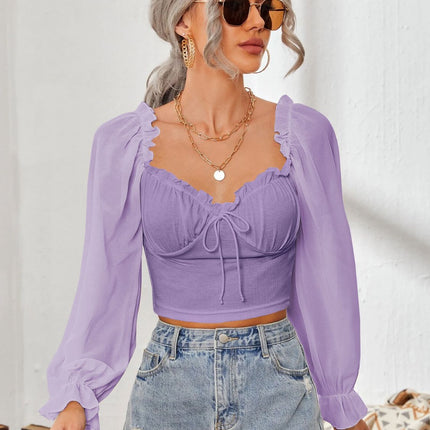 Mesh Sweetheart Neck Flounce Sleeve Top