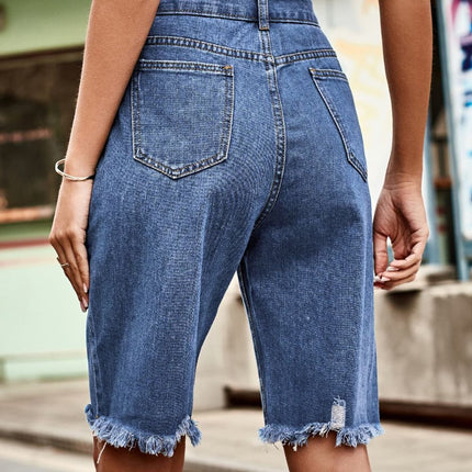 Raw Hem High Waist Denim Shorts with Pockets