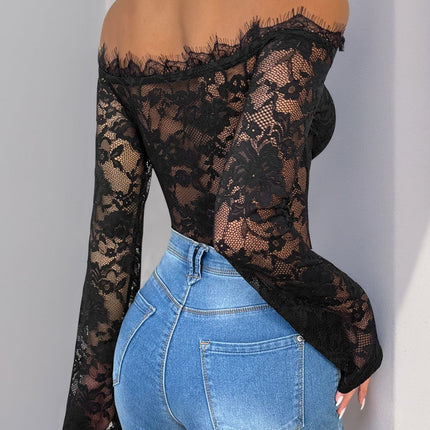 Perfee Lace Off-Shoulder Long Sleeve Bodysuit