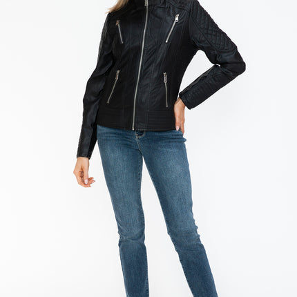 Snobbish Faux Leather Zip Up Mock Neck Jacket