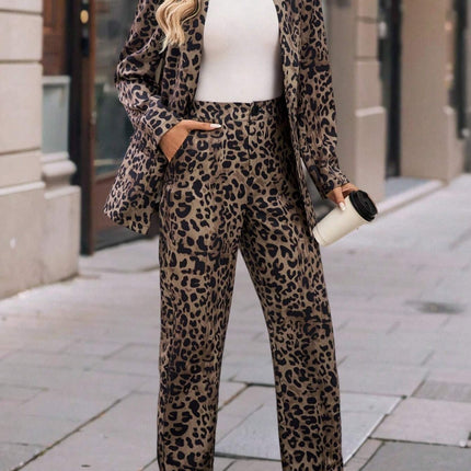 Full Size Leopard Lapel Collar Long Sleeve Blazer and Pants Set