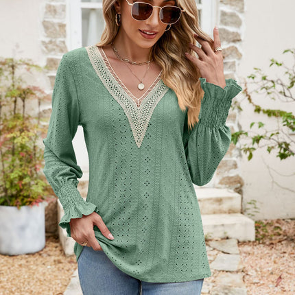 Eyelet V-Neck Smocked Flounce Sleeve Blouse