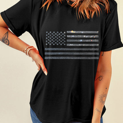 Rhinestone US Flag Round Neck Short Sleeve T-Shirt