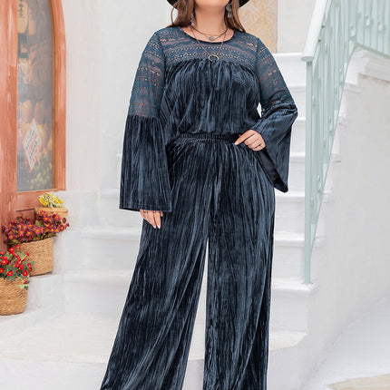Plus Size Round Neck Flare Sleeve Top and Pants Set