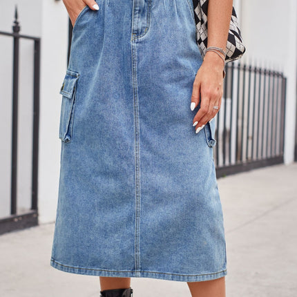 Slit Buttoned Denim Skirt with Pockets