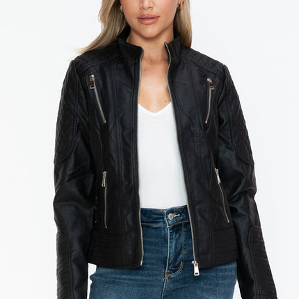 Snobbish Faux Leather Zip Up Mock Neck Jacket