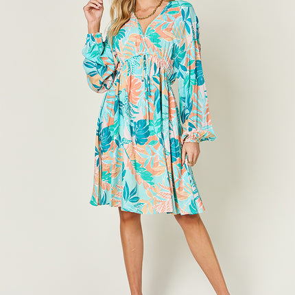 Double Take Full Size Printed V-Neck Drawstring Dress