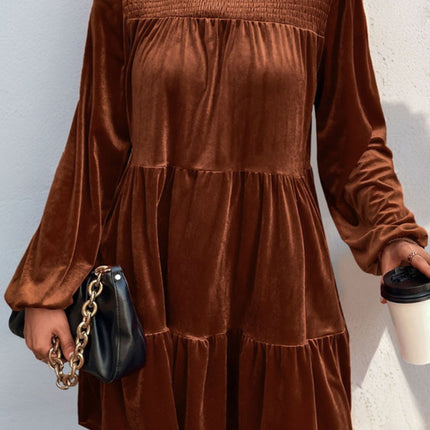 Perfee Tiered Ruched Mock Neck Long Sleeve Dress