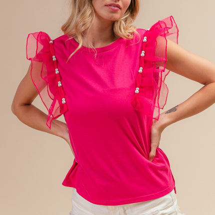 BiBi Pearl Decor Mesh Ruffle Sleeve Top