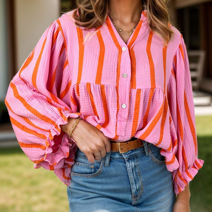 Striped Notched Long Sleeve Blouse