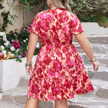 Plus Size Printed V-Neck Flutter Sleeve Dress