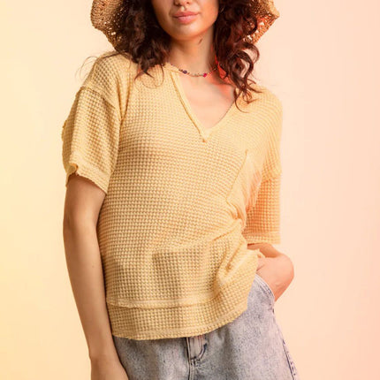 Waffle-Knit Notched Half Sleeve T-Shirt