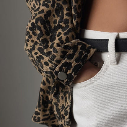 Leopard Button Up Long Sleeve Denim Top