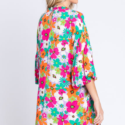 GeeGee Full Size Floral Round Neck Lantern Sleeve Mini Dress