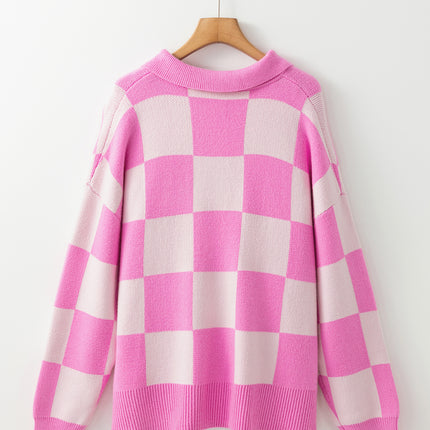 Slit Checkered Half Button Long Sleeve Sweater