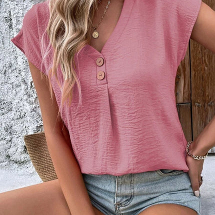 Decorative Button V-Neck Short Sleeve Blouse