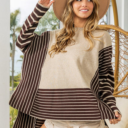 BiBi Striped Contrast Long Sleeve Slit Top