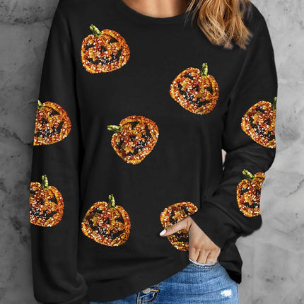 Sequin Pumpkin Round Neck Long Sleeve Top