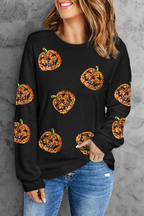 Sequin Pumpkin Round Neck Long Sleeve Top