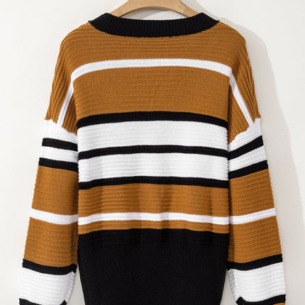 Contrast Stripes V Neck Long Sleeve Sweater