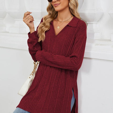 Slit Johnny Collar Long Sleeve T-Shirt