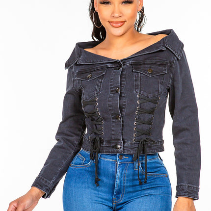 American Bazi Off Shoulder Lace Up Denim Jacket