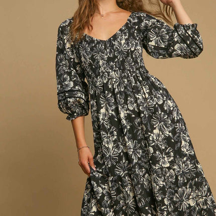 Umgee Ruffle Hem Flower Printed V-Neck Dress