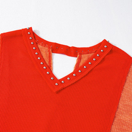 Studded Waffle-Knit V-Neck Long Sleeve Top