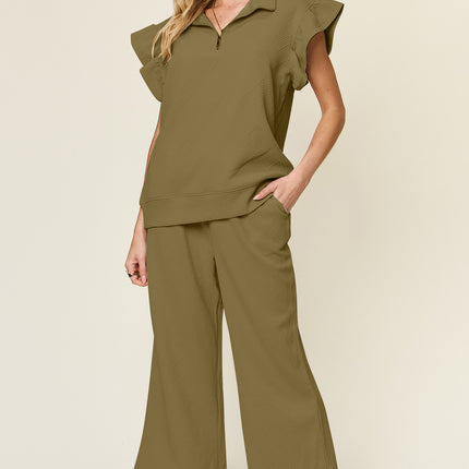 Double Take Texture Ruffle Short Sleeve Top and Drawstring Wide Leg Pants Set