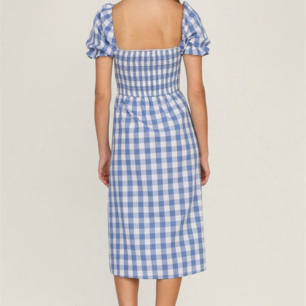 Full Size Slit Plaid Short Sleeve Midi Dress