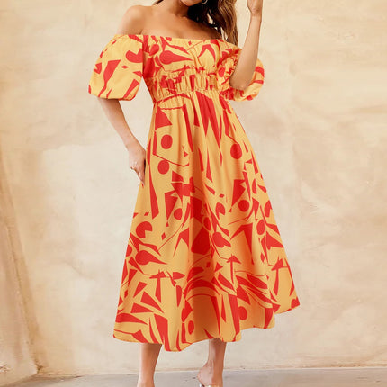 Printed Off-Shoulder Balloon Sleeve Dress