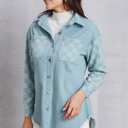 Raw Hem Checkered Dropped Shoulder Denim Jacket