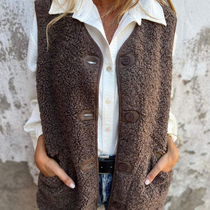 Full Size Pocketed Button Up V-Neck Sherpa Vest