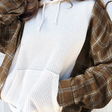 Waffle Knit Plaid Long Sleeve Kangaroo Pocket Hoodie