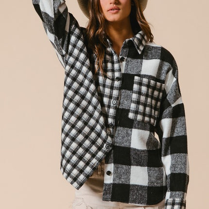 BiBi Plaid Fleece Button Down Long Sleeve Shirt