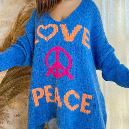 Peace Graphic V-Neck Long Sleeve Sweater