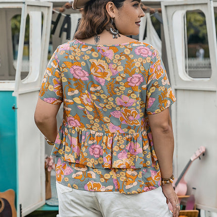 Plus Size Layered Printed Round Neck Short Sleeve Blouse