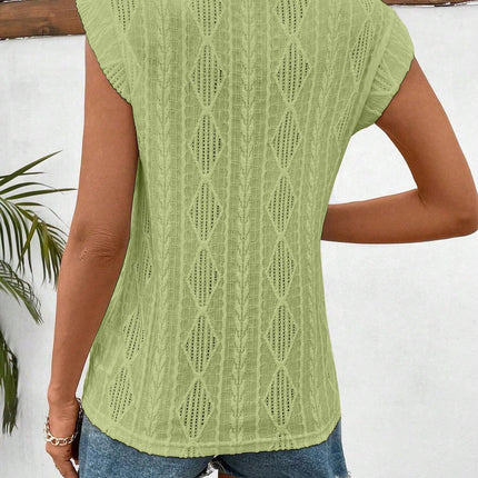 Openwork Round Neck Cap Sleeve Top