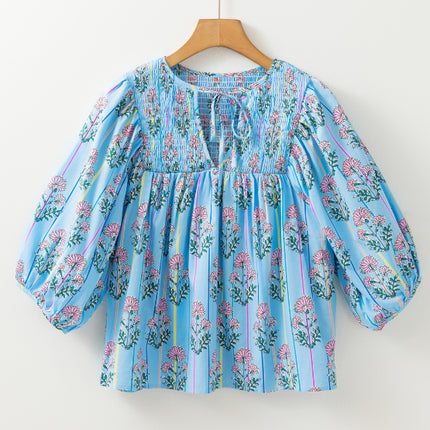 Smocked Floral Print Tie Neck Blouse