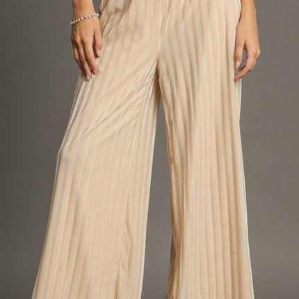 Umgee Elastic Waist Striped Wide Leg Velvet Pants