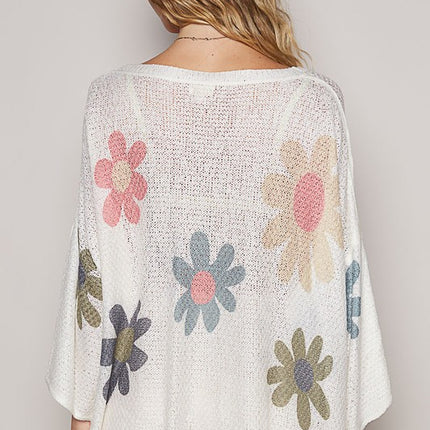 POL Flower Dropped Shoulder Long Sleeve Knit Top