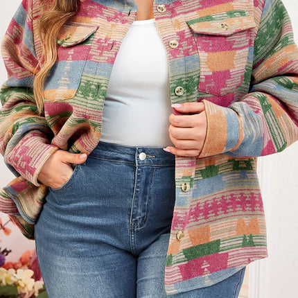 Plus Size Pocketed Printed Collared Neck Jacket